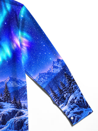 Adaychic Men's Printed Aurora Borealis And Lighthouse Print Long Sleeve Shirt with Chest Pocket