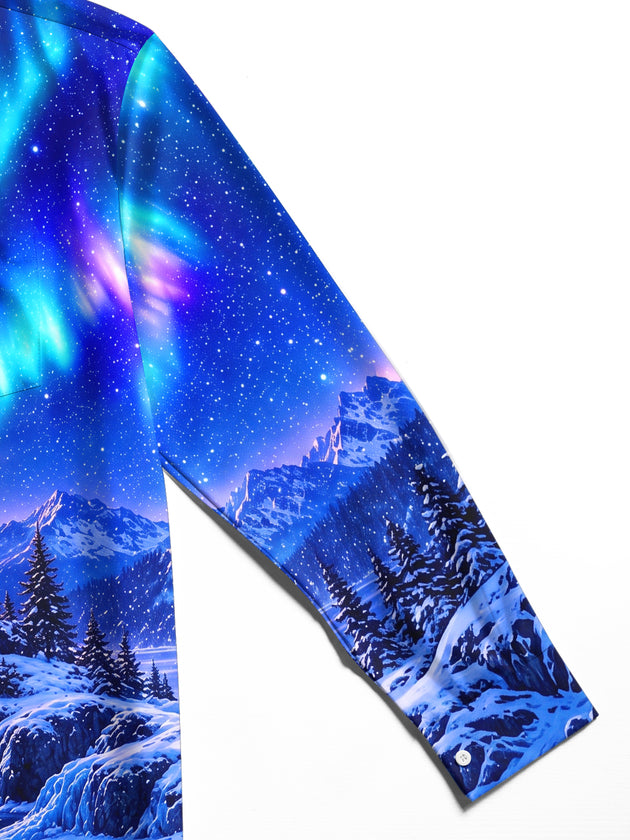 Adaychic Men's Printed Aurora Borealis And Lighthouse Print Long Sleeve Shirt with Chest Pocket