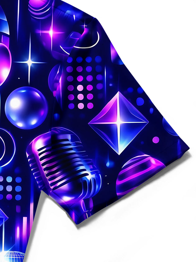 Adaychic Men's Neon Music Equipment And Disco Balls Print Short Sleeve Shirt with Chest Pocket