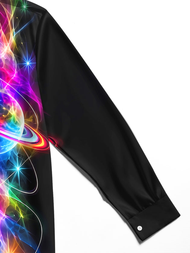 Adaychic Men's Colorful Planet With Rings And Nebula Print Long Sleeve Shirt with Chest Pocket