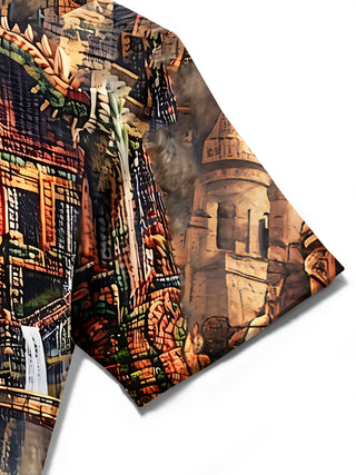 Adaychic Men's Graphic 3D Aztec Warrior Chihuahua Print Short Sleeve Button Down Shirt with Chest Pocket