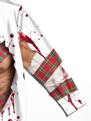 Adaychic Men's Long Sleeve Shirt - Christmas Torn Shirt With Blood Splatter And Plaid Pattern with Chest Pocket