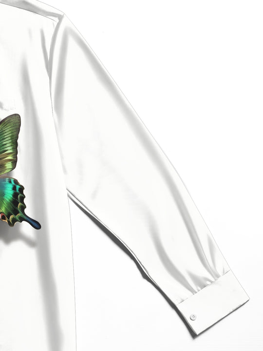 Adaychic Men's 3D Tearing Effect With Green Butterfly Print Long Sleeve Shirt with Chest Pocket