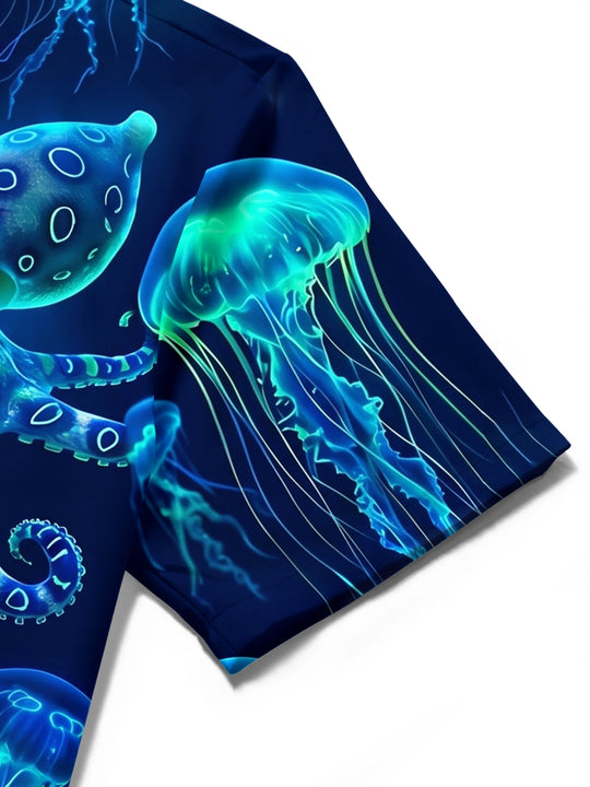 Adaychic Men's Hawaiian Neon Jellyfish Print Octopus Print Short Sleeve Shirt