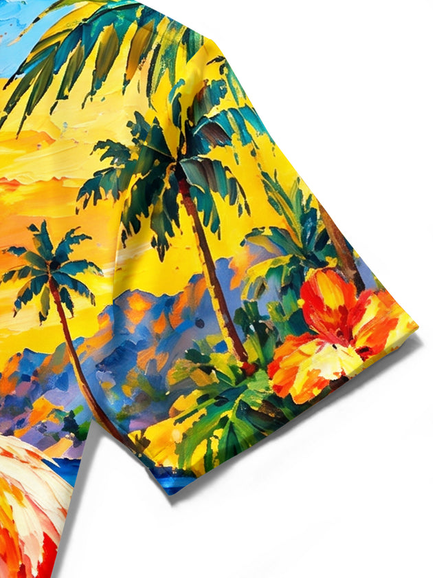 Adaychic Men's Flamingo And Palm Tree Beach Sunset Print Short Sleeve Shirt with Chest Pocket