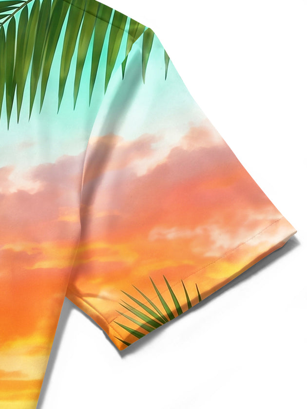Adaychic Men's Hawaiian Parrot And Palm Leaf Sunset Print Short Sleeve Shirt with Chest Pocket