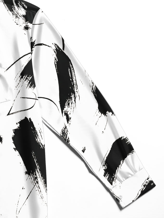 Adaychic Men's Printed Abstract Black Brushstrokes Print Long Sleeve Shirt with Chest Pocket