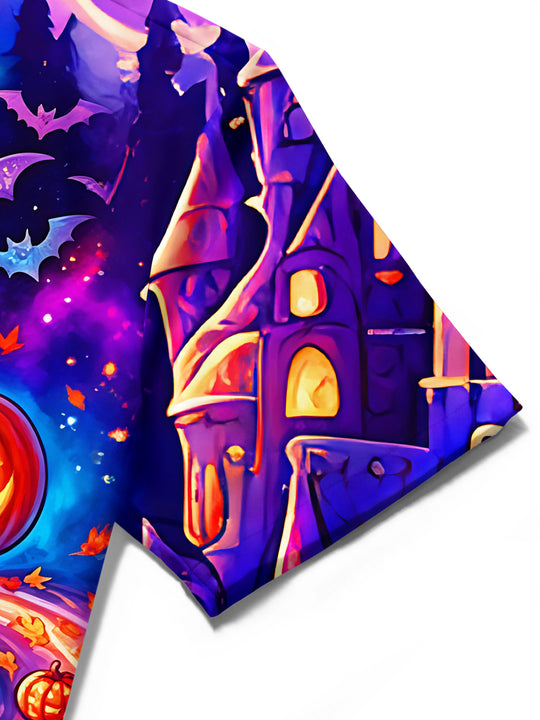 Adaychic Men's Short Sleeve Shirt - Halloween Ghost Riding Bicycle With Pumpkins Print with Chest Pocket