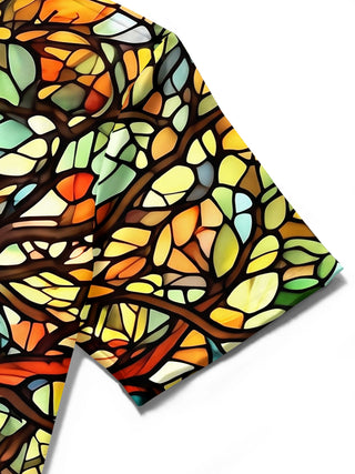 Adaychic Men's Printed Stained Glass Tree Print Short Sleeve Shirt with Chest Pocket
