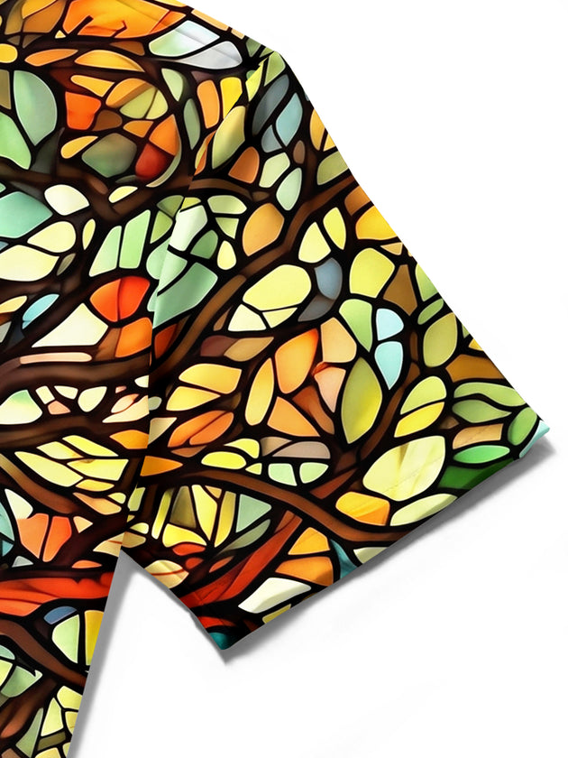 Adaychic Men's Printed Stained Glass Tree Print Short Sleeve Shirt with Chest Pocket