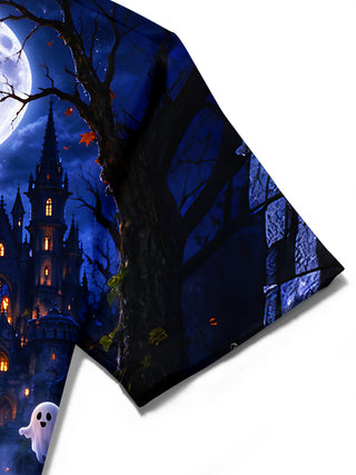 Adaychic Men's Graphic Halloween Pumpkin King And Fox Print Short Sleeve Shirt with Chest Pocket