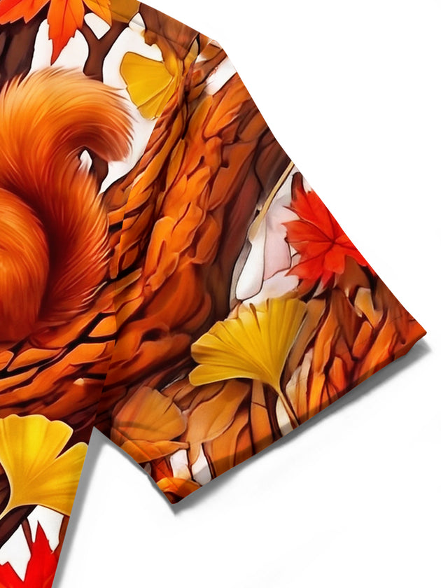 Adaychic Men's Hawaiian Autumn Squirrel Print Short Sleeve Shirt with Chest Pocket