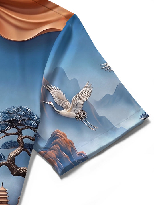 Adaychic Men's Printed Flying Cranes Print Short Sleeve Shirt with Chest Pocket
