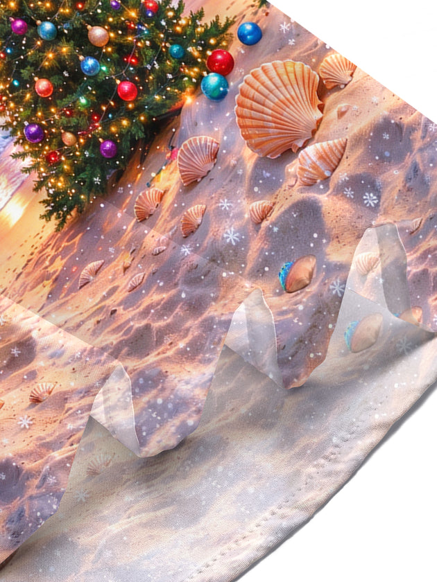 Adaychic Men's Short Sleeve Stand Collar Shirt - Christmas Tree And Ornaments On Beach Print with Chest Pocket