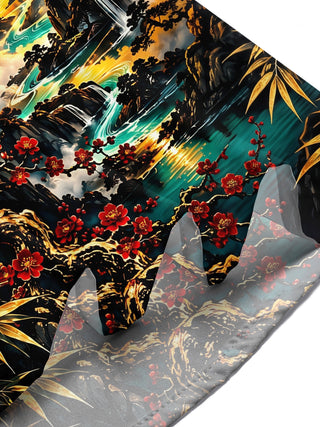 Adaychic Men's Red-crowned Crane And Landscape Print Short Sleeve Shirt with Chest Pocket