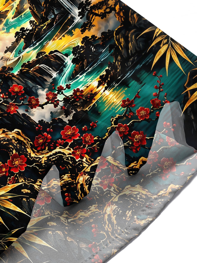 Adaychic Men's Red-crowned Crane And Landscape Print Short Sleeve Shirt with Chest Pocket