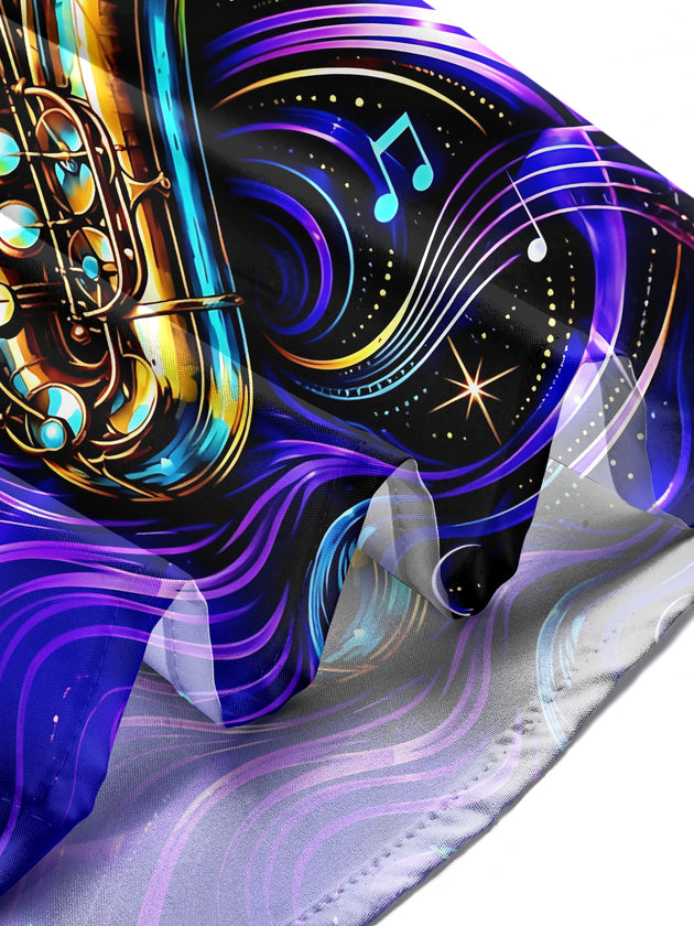 Adaychic Men's Graphic Saxophone And Musical Notes Print Long Sleeve Shirt with Chest Pocket
