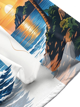 Adaychic Men's Sailing Ship And Palm Tree Sunset Print Short Sleeve Shirt with Chest Pocket