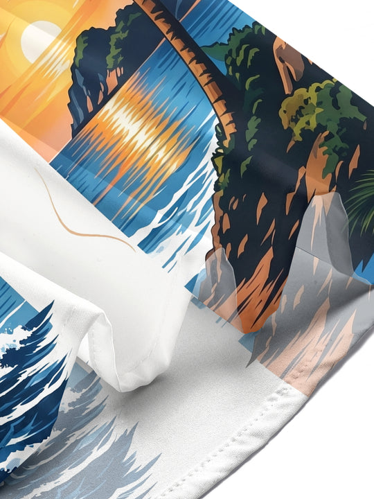 Adaychic Men's Sailing Ship And Palm Tree Sunset Print Short Sleeve Shirt with Chest Pocket
