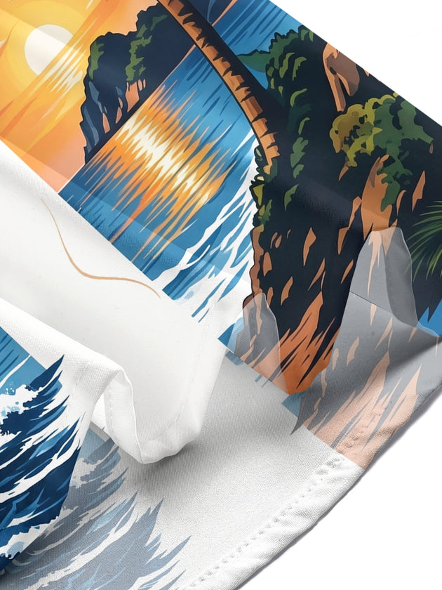 Adaychic Men's Sailing Ship And Palm Tree Sunset Print Short Sleeve Shirt with Chest Pocket