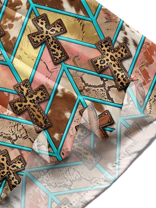 Adaychic Men's Long Sleeve Shirt - Crosses With Animal Prints And Geometric Lines Print with Chest Pocket