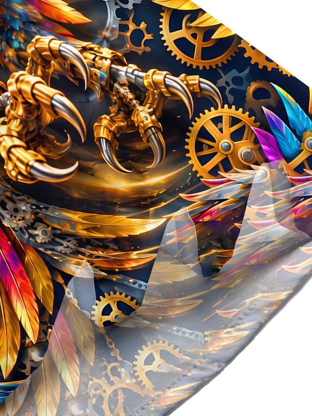 Adaychic Men's Short Sleeve Shirt - Steampunk Eagle With Gears And Colorful Feathers Print with Chest Pocket