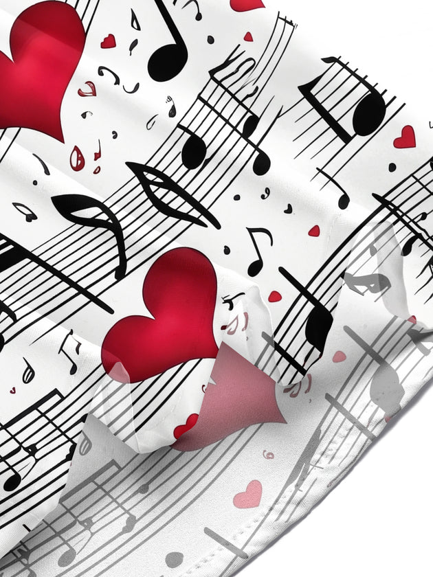 Adaychic Men's Printed Musical Notes Print Red Hearts Print Short Sleeve Shirt with Chest Pocket