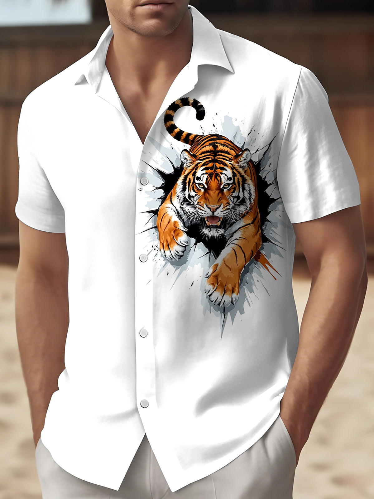 Tiger Print Men's Pocket Short Sleeve Shirts