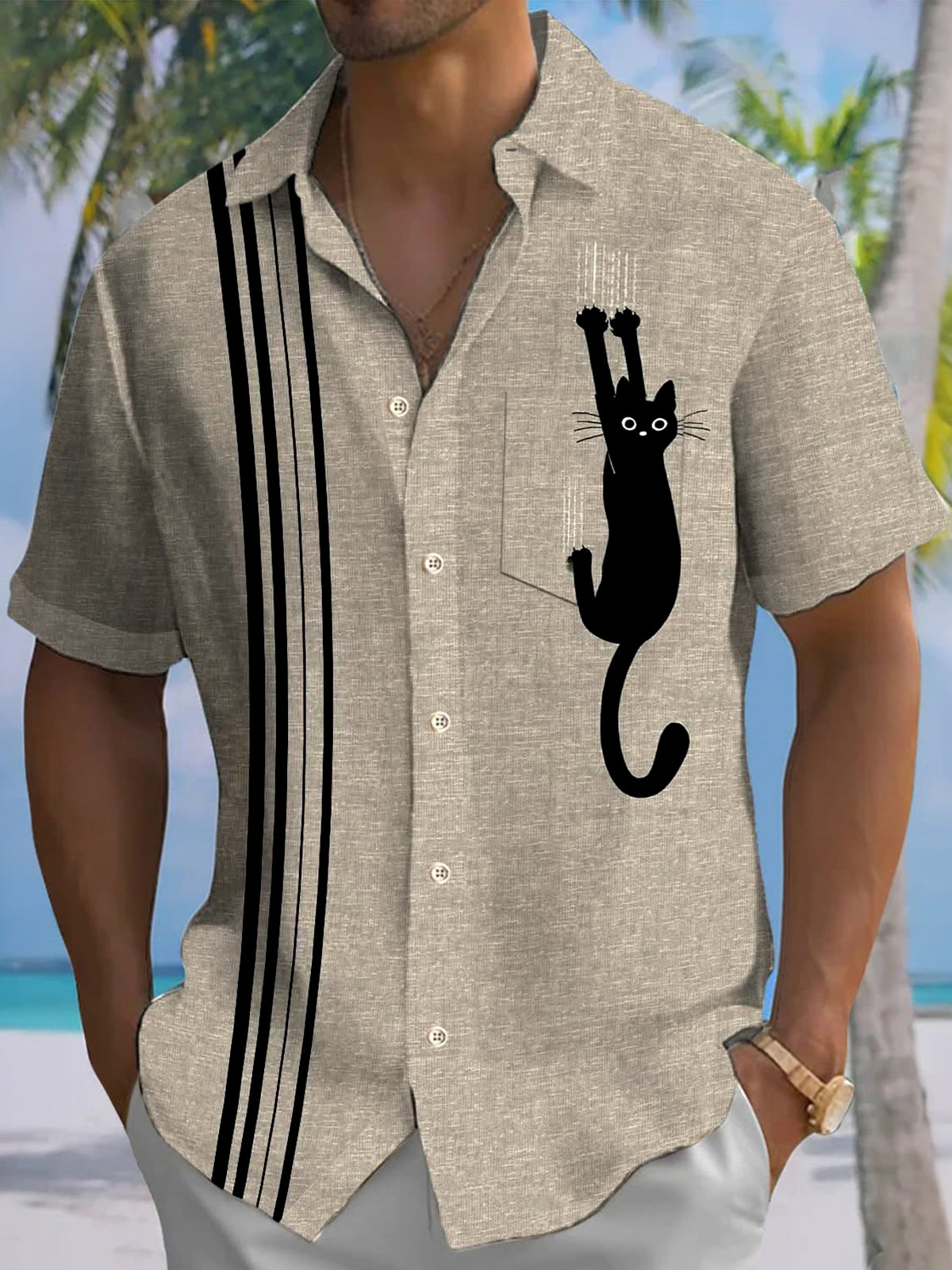 Men's cat print pocket short sleeve shirt front view