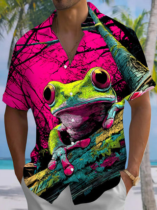 Men's funny frog Hawaiian short sleeve shirt front view for tropical beach vacation