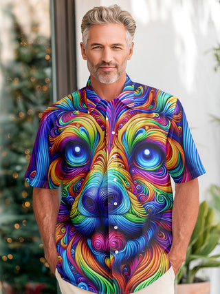 Men's colorful puppy swirl short sleeve shirt front view