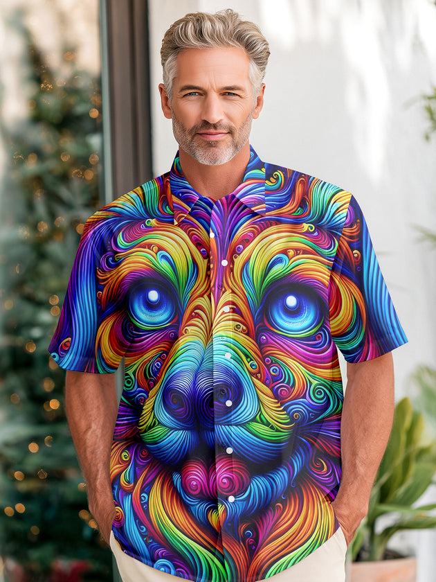 Men's colorful puppy swirl short sleeve shirt front view