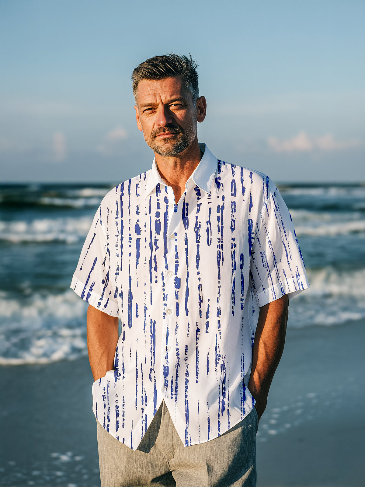 Geometric Line Print Men's Pocket Short Sleeve Shirts