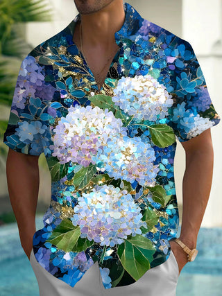 Men's floral short sleeve Hawaiian shirt front view for tropical beach vacation