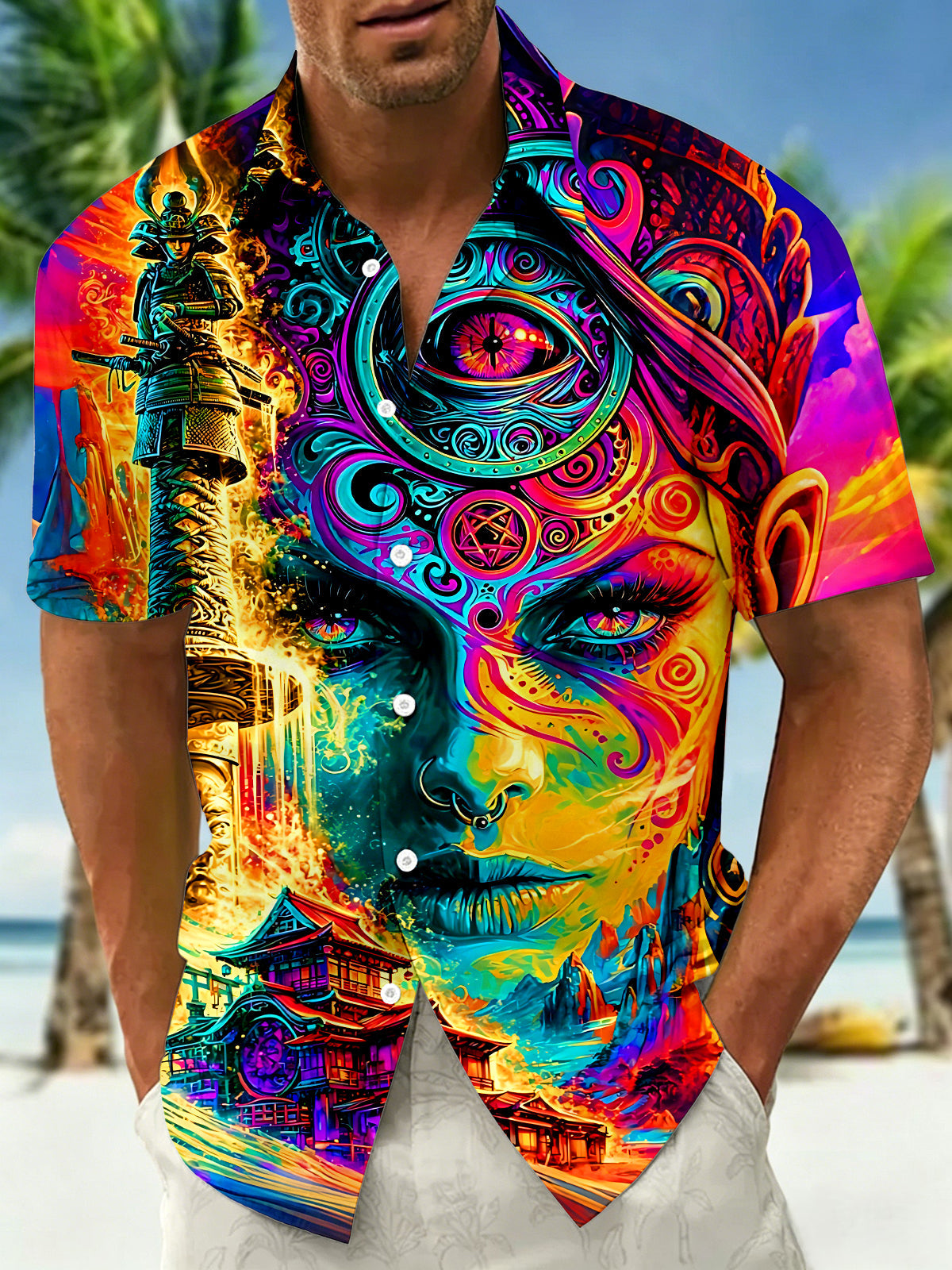 Psychedelic Neon Abstract Landscape Pavilion Scenery Human Face Men's Pocket Short Sleeve Shirts