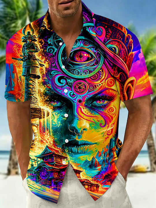 Psychedelic Neon Abstract Landscape Pavilion Scenery Human Face Men's Pocket Short Sleeve Shirts