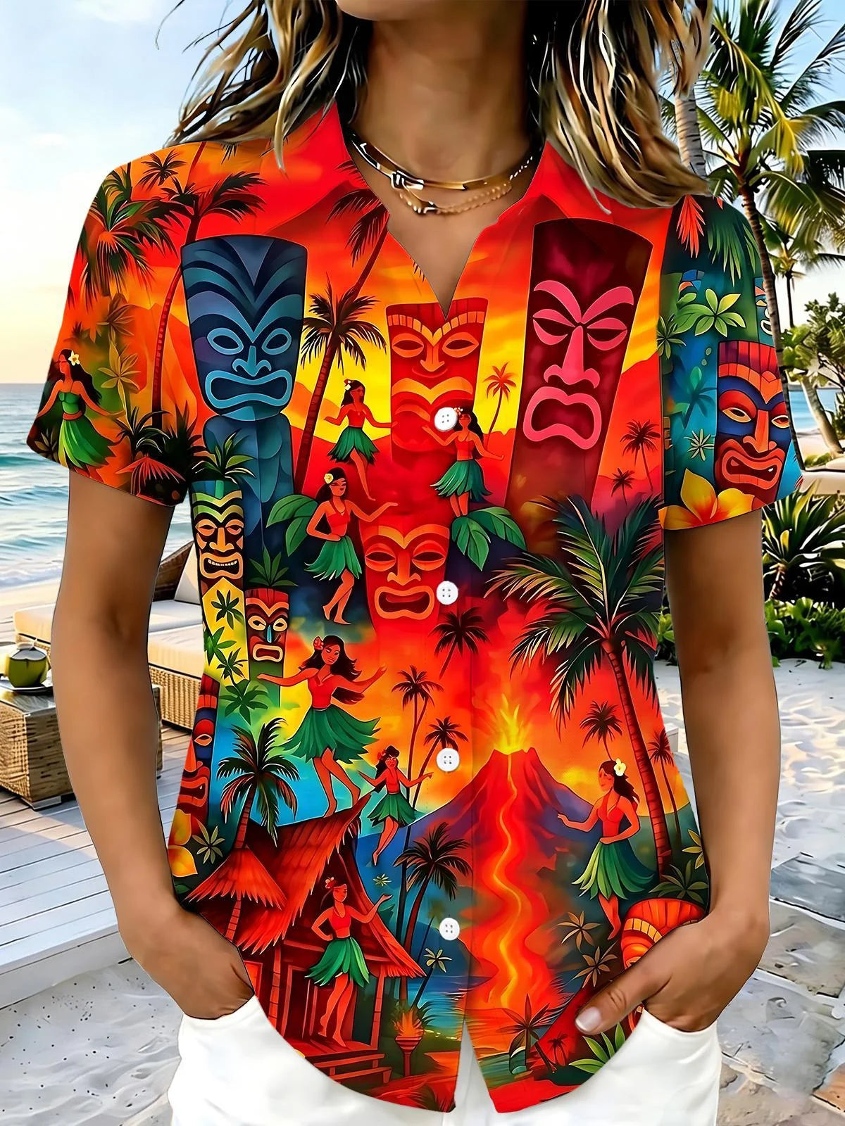 Adaychic Tiki Mask Hula Dancer Print Matching Couple Short Sleeve Button Down Shirts
