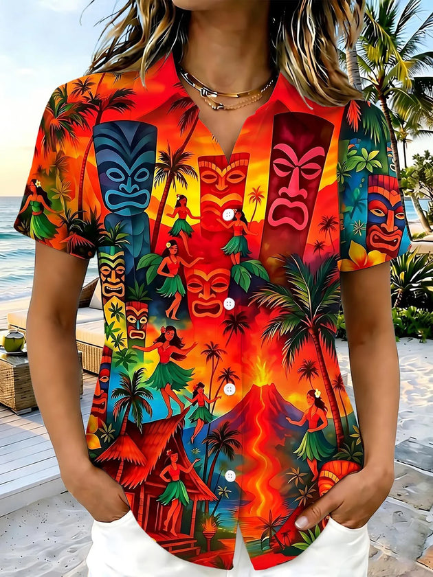 Adaychic Tiki Mask Hula Dancer Print Matching Couple Short Sleeve Button Down Shirts