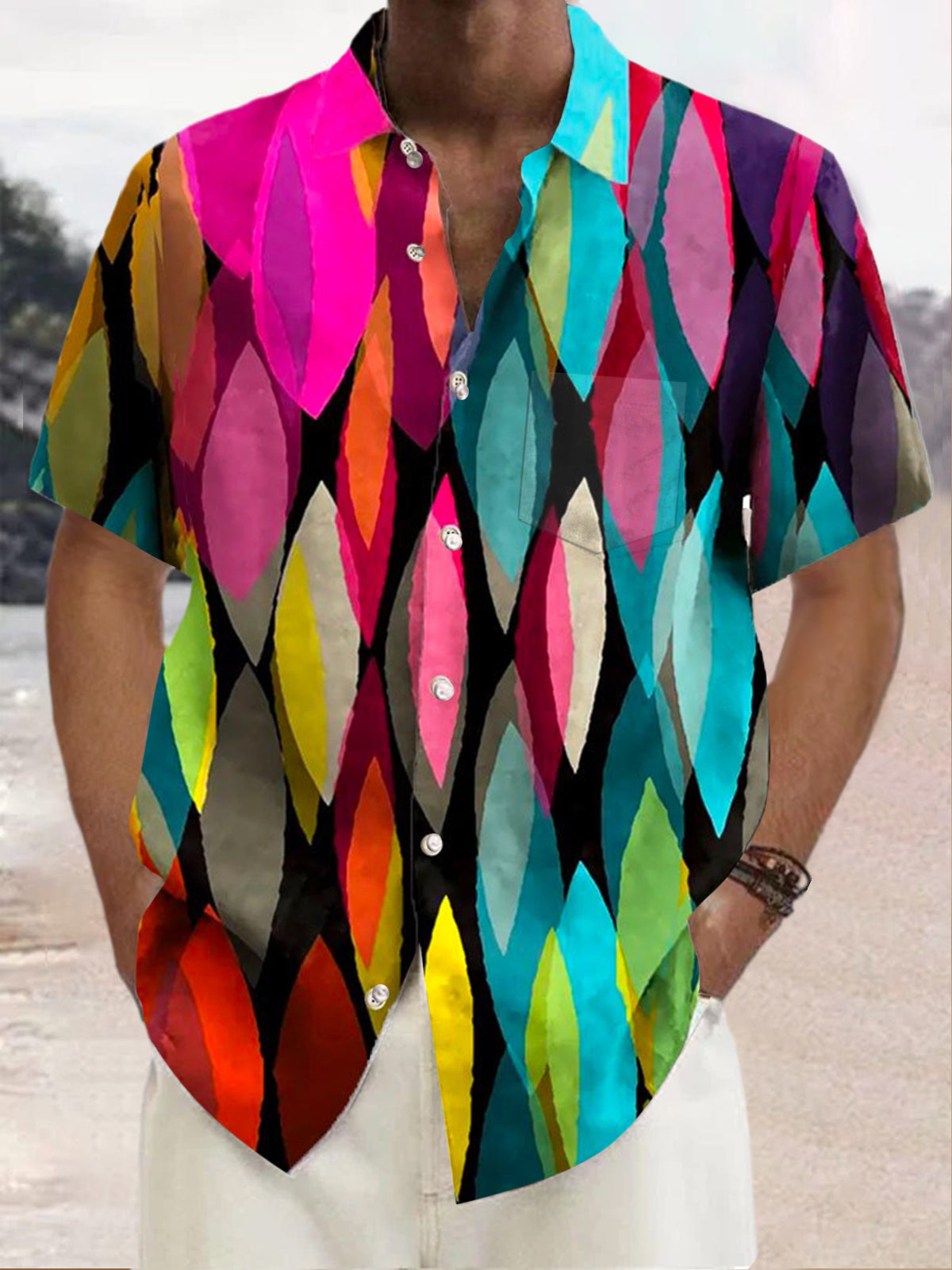 Colorful Geometric Print Short Sleeve Men's Shirts With Pocket