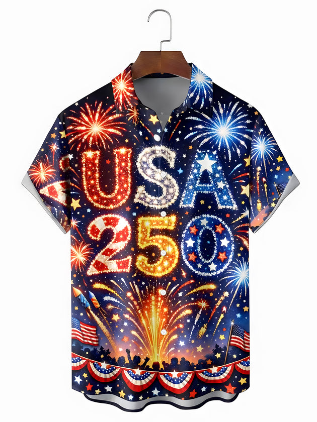 Men's American flag print pocket short sleeve shirt front view Independence Day