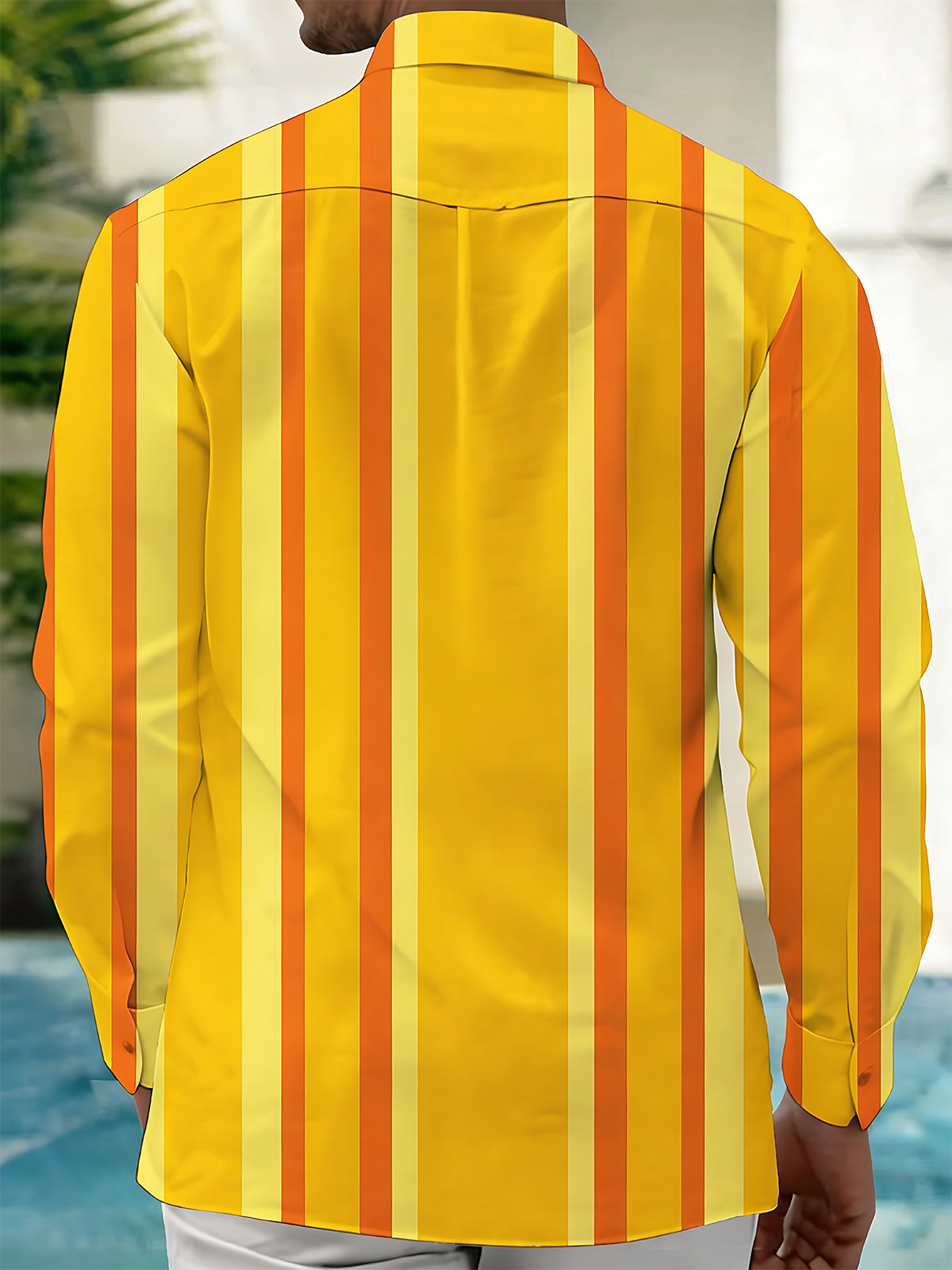 Adaychic Men's Striped Saxophone Graphic Long Sleeve Shirt with Chest Pocket