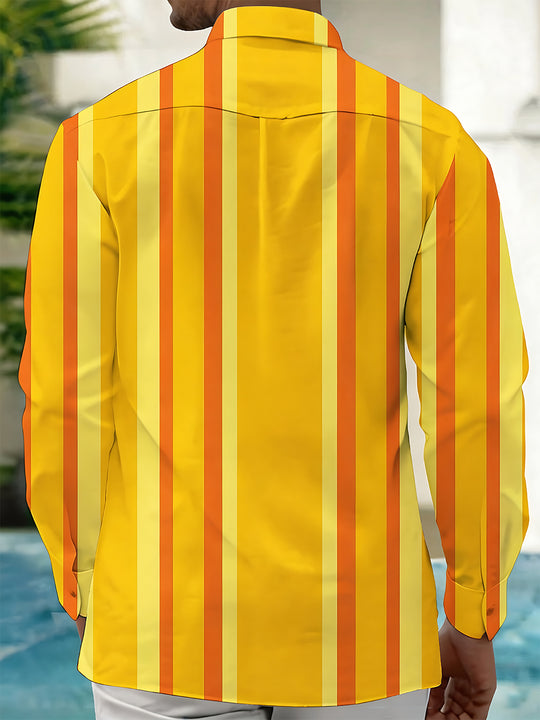 Adaychic Men's Striped Saxophone Graphic Long Sleeve Shirt with Chest Pocket