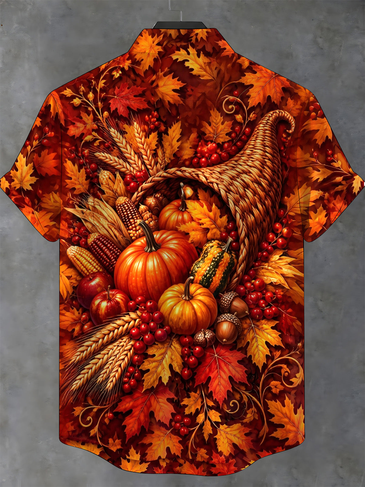 Adaychic Men's Short Sleeve Shirt - Thanksgiving Cornucopia With Pumpkins Corn Apples And Maple Leaves Print with Chest Pocket