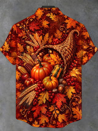 Adaychic Men's Short Sleeve Shirt - Thanksgiving Cornucopia With Pumpkins Corn Apples And Maple Leaves Print with Chest Pocket