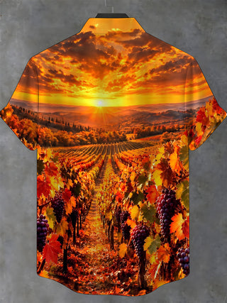 Adaychic Men's Short Sleeve Shirt - Autumn Vineyard Sunset Landscape With Grapes Print with Chest Pocket