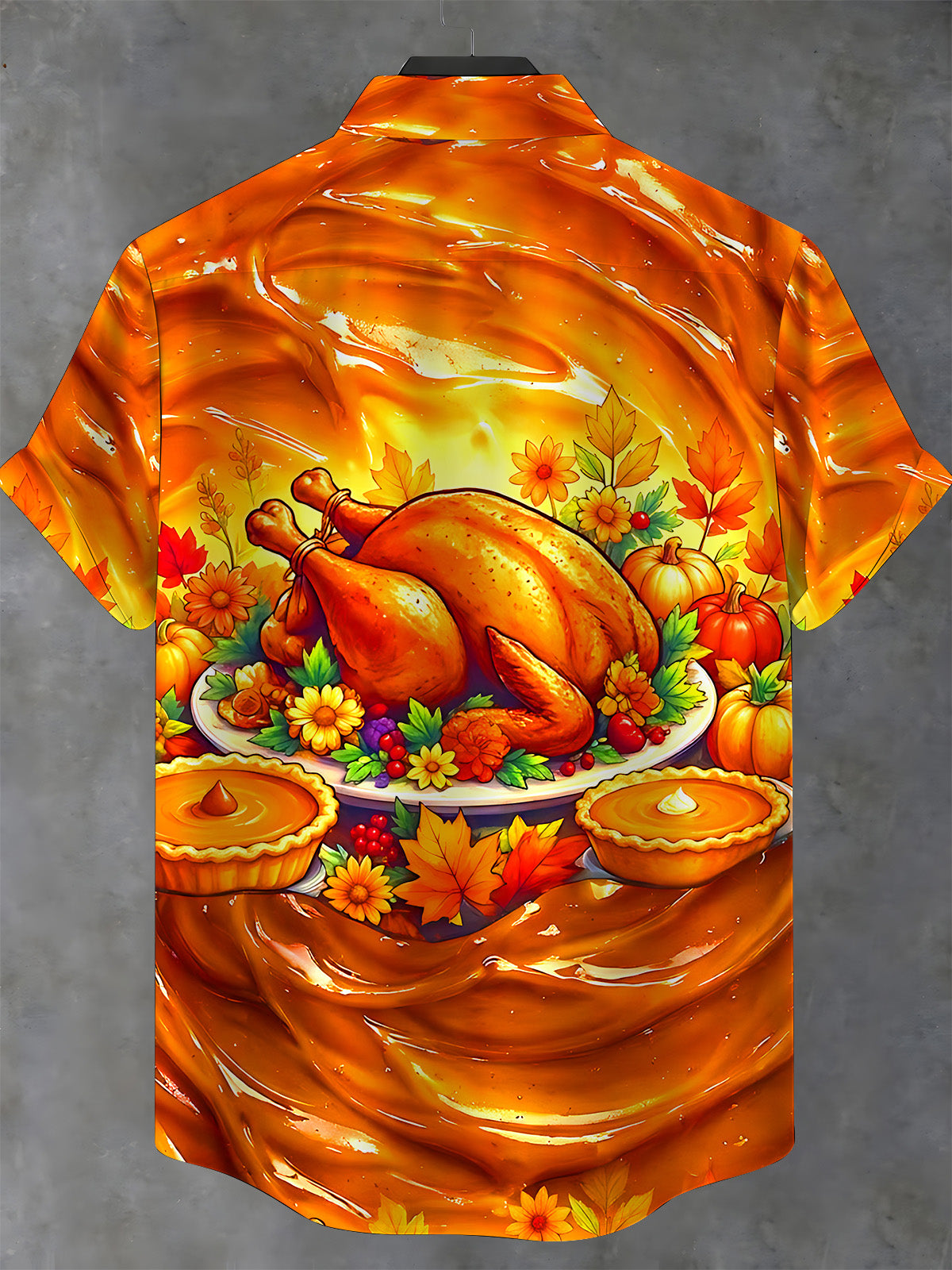 Adaychic Men's Short Sleeve Stand Collar Shirt - Thanksgiving Roasted Turkey And Pumpkin Pies Print with Chest Pocket
