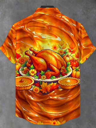 Adaychic Men's Short Sleeve Stand Collar Shirt - Thanksgiving Roasted Turkey And Pumpkin Pies Print with Chest Pocket