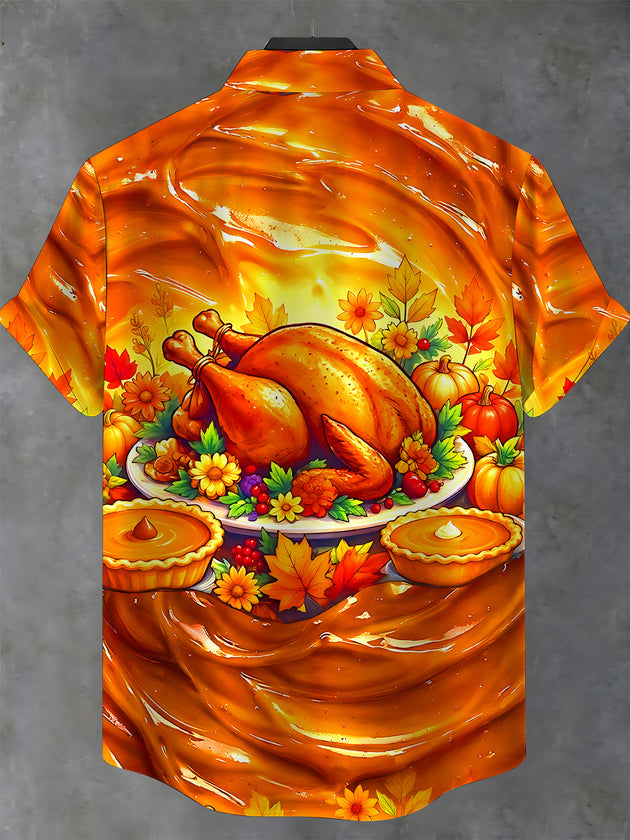 Adaychic Men's Short Sleeve Stand Collar Shirt - Thanksgiving Roasted Turkey And Pumpkin Pies Print with Chest Pocket