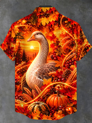 Adaychic Men's Short Sleeve Stand Collar Shirt - Thanksgiving Goose And Autumn Harvest Print with Chest Pocket