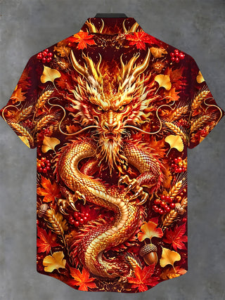 Adaychic Men's Short Sleeve Stand Collar Shirt - Autumn Dragon With Maple Leaves And Wheat Print with Chest Pocket